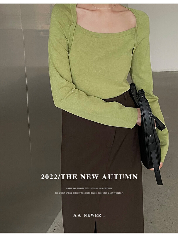 New in early autumn! [THE MIND] French retro long-sleeved square-neck slim fake two-piece knitted sweater 71309# JHY