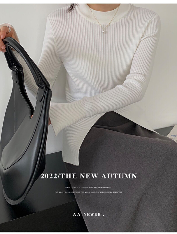 [THE MIND] wool round neck pit strip back slit slimming sweater 71379
