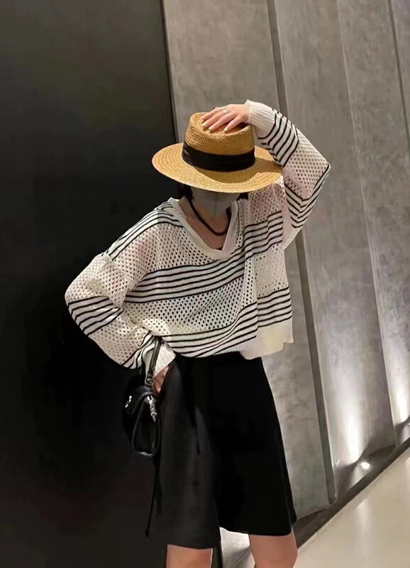 【RAINBOW】Thin Cut Hollow Striped Hooded Knit Sweater 9270# FHX