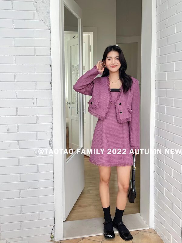 New in early autumn!【TAOTAO FAMILY】Korean lady style small fragrance coat + high waist fray skirt suit 3765# LSL