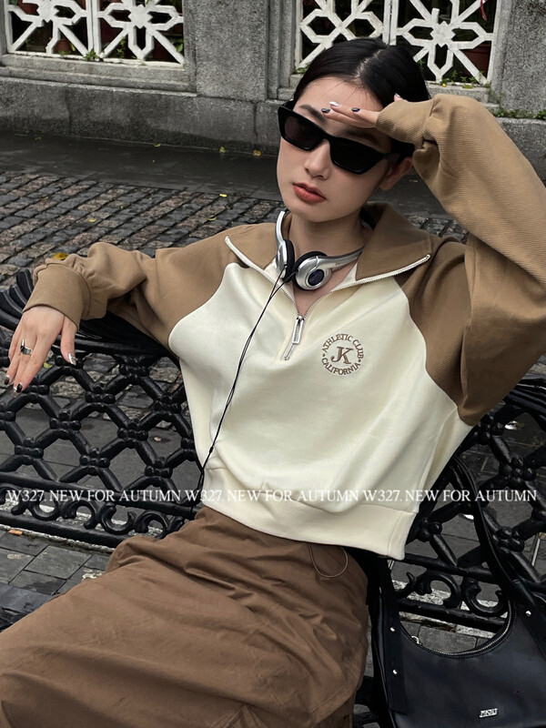 【W327.】Early Autumn Colorblock Raglan Sleeve Polo Collar Sweater (Half Zipper Design) 57117# CQW