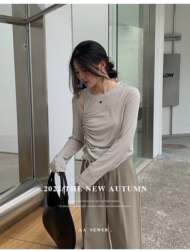 [THE MIND] Round neck off-shoulder design designer long-sleeved T-shirt 61103