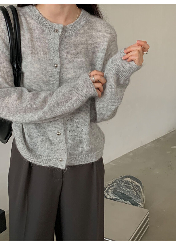 【THE MIND】Round Neck Solid Color Loose Casual Versatile Knit Cardigan (Wool Mohair) 71308# JHY