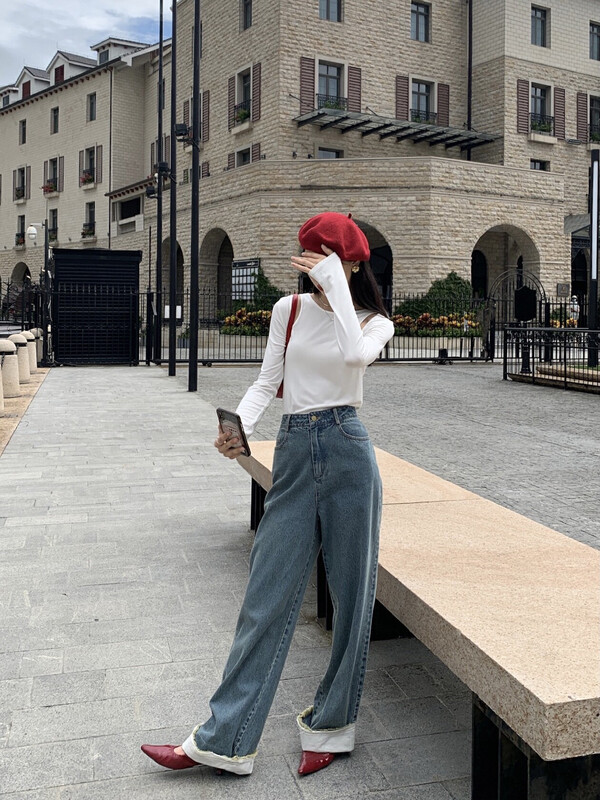 New in autumn! [NEW OPEN] Korean high-waisted straight-leg rolled jeans XK80158# ZXX