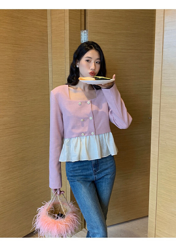 Autumn is new! [NEW OPEN] Hem stitching long sleeves double breasted temperament short jacket FW80039# ZXX