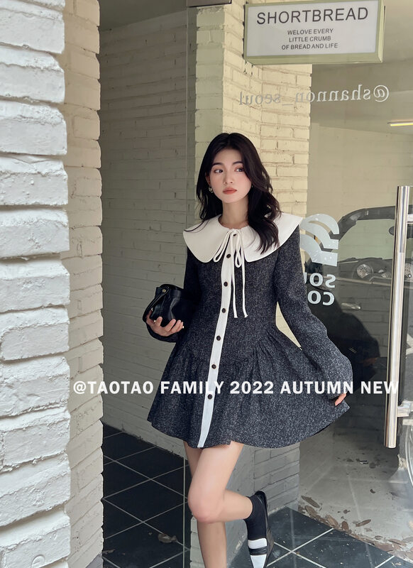 New in early autumn!【TAOTAO FAMILY】Contrast color lapel tie dress 3786# LSL