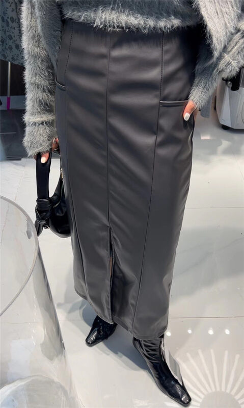 New in autumn! [Semi-plain] long pleated leather skirt G318# ZJY
