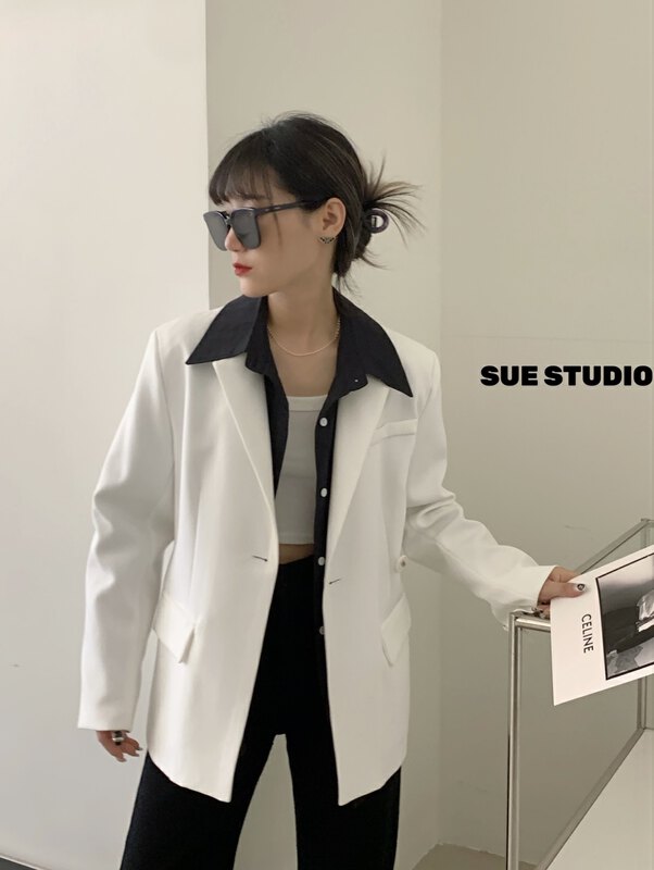 New in autumn! [SUE STUDIO] Irregular oblique button suit with design sense back 11111# ZJY