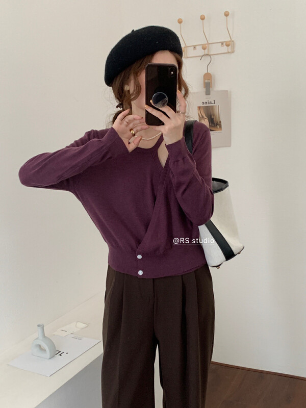 New in early autumn! [RS] Off-the-shoulder fake two-piece temperament all-match small shirt M2071# FHX