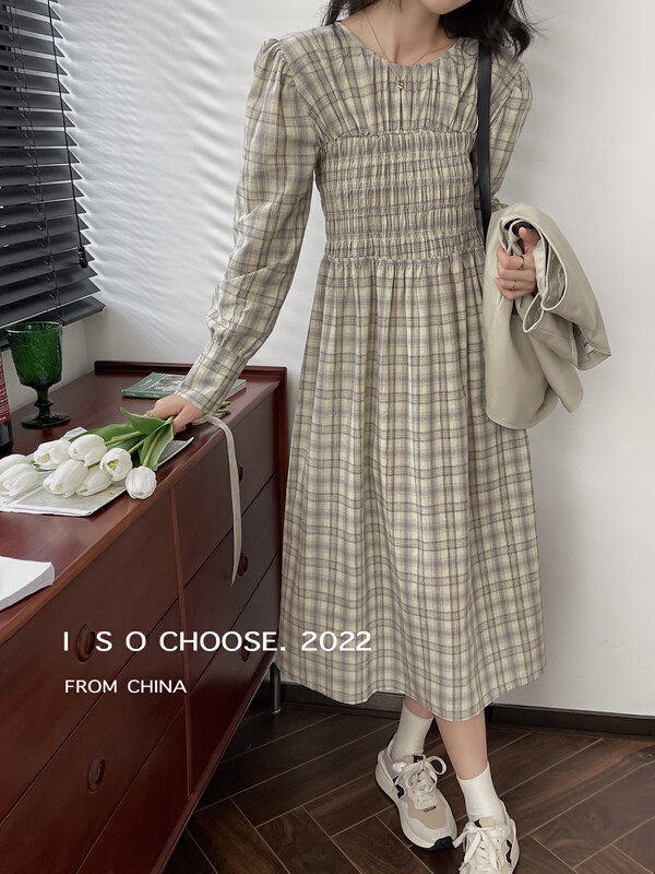 New in early autumn! [ISO Korean series] pleated plaid casual niche design dress 66385# HJY