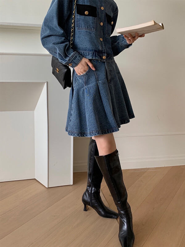New in autumn!【NEW OPEN】Korean high waist pleated a-line denim skirt XQ80152# ZXX
