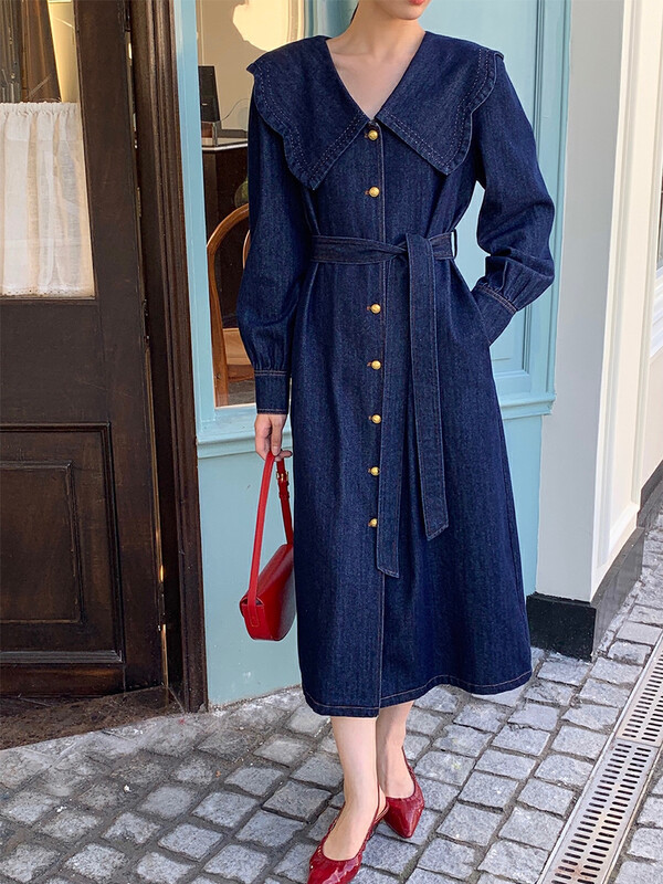 New Autumn!【NEW OPEN】Metal Buckle Lace Up Denim Dress (with Belt) XL80165# ZXX