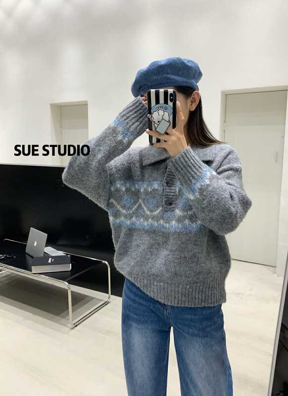 New in autumn! [SUE STUDIO] Korean pattern casual Polo collar warm sweater 9812# ZJY