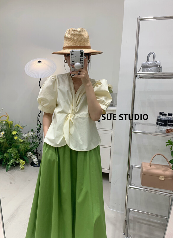 Original price 52.45! 【SUE STUDIO】Korean Cross V-Neck Shirt 22276t# ZJY