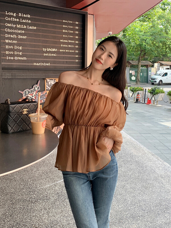 Autumn is new! [NEW OPEN] Korean version of the waist pleated one-shoulder lantern sleeve shirt GY80292# ZXX