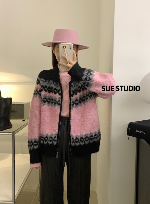 Autumn is new! [SUE STUDIO] Contrast color zipper color matching comfortable warm sweater (sweater only) 9822# ZJY
