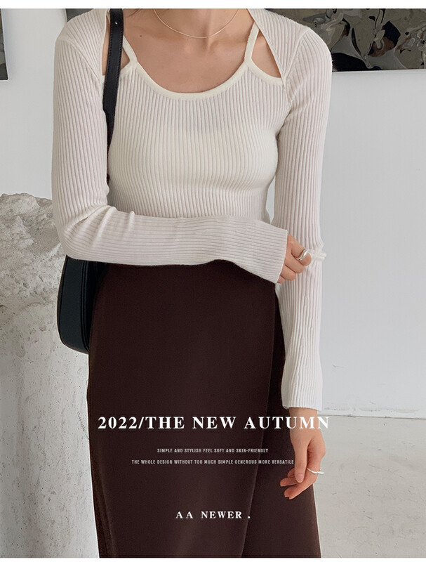 New in early autumn! [THE MIND] scheming off-the-shoulder fake two-piece knitted sweater 71301# JHY
