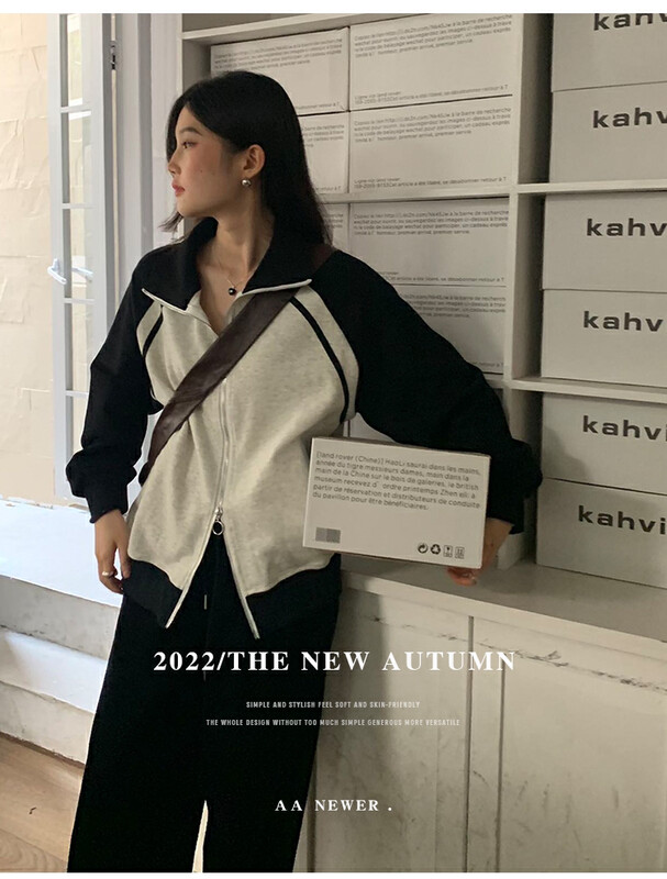 [THE MIND] Lapel zipper color-blocking fashion all-match sweater 61207