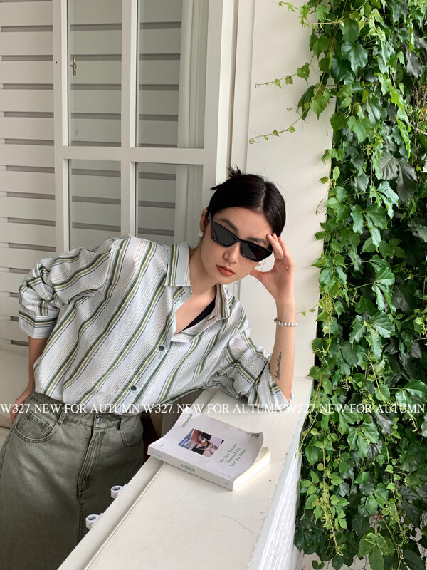 【W327.】Early Autumn Korean Style Colorblock Striped Shirt 93180# CQW