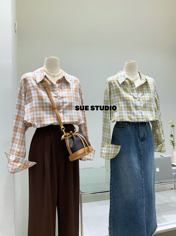 New in early autumn! [SUE STUDIO] cotton and linen plaid loose shirt 22201# ZJY