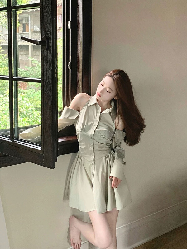 New in early autumn! [Amanda] temperament off-the-shoulder design shirt dress 9822# PCZ