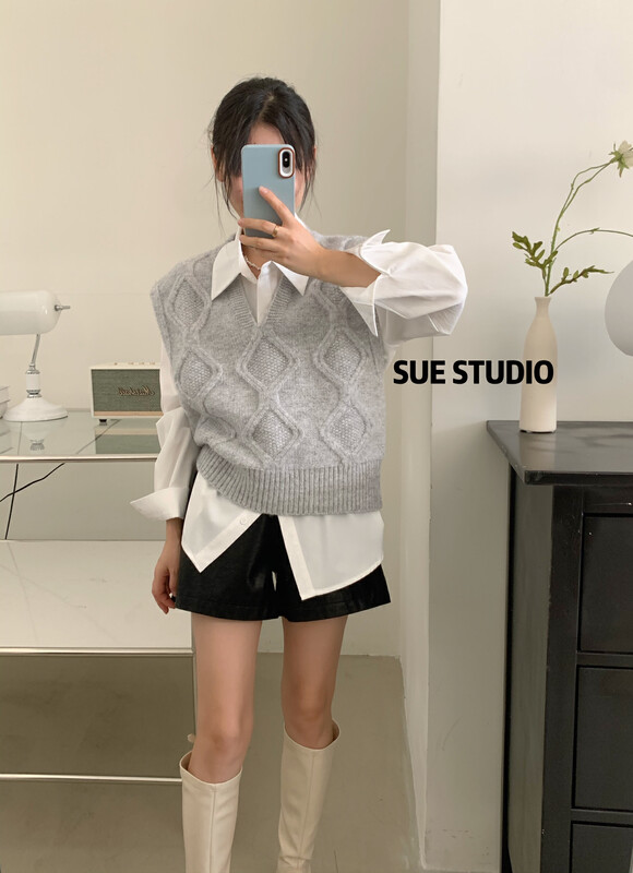 New in autumn! [SUE STUDIO] V-neck comfortable and simple vest 8965# ZJY