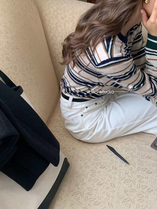 New in autumn! [RS] round neck loose long sleeve striped knitted sweater M2380# FHX
