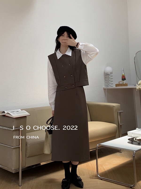 Autumn is new! [ISO Korean] Autumn new double-breasted fashion vest + high-waisted slim skirt suit (only sells vest and skirt) 2398# HJY