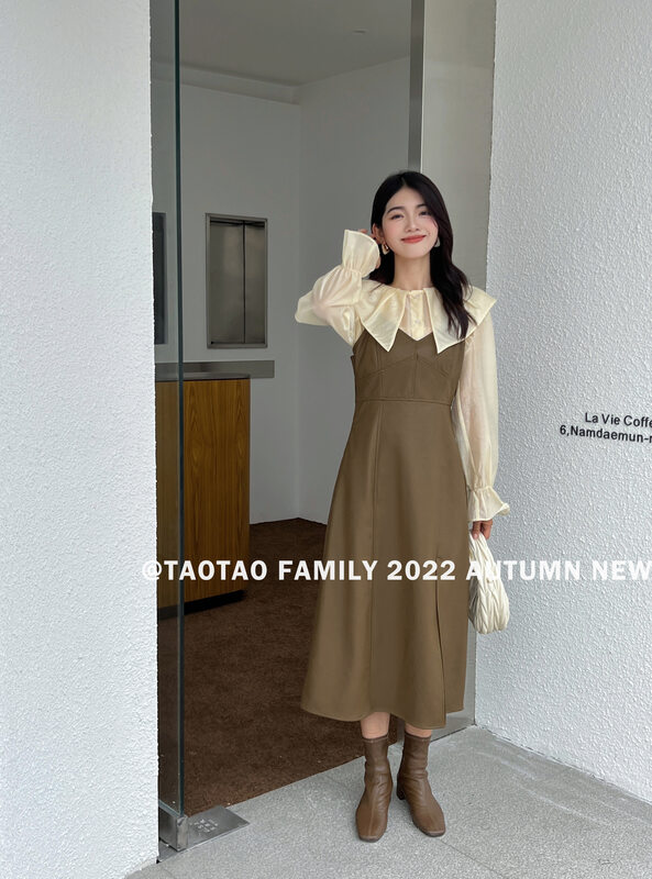 New in early autumn!【TAOTAO FAMILY】Gentle large lapel long-sleeved shirt + leather suspender dress suit 3763# LSL