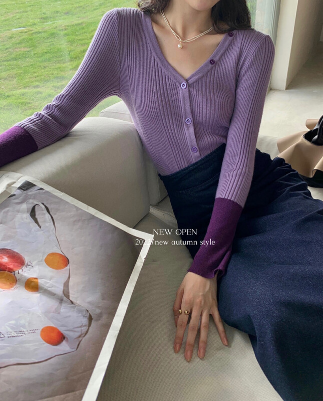 【NEW OPEN】Women's Autumn Slim Contrast Color Long Sleeve V-Neck Vertical Knitted Sweater CM80031# ZXX