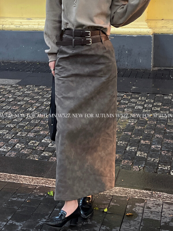 【W327.】Custom smudged composite Pu leather double belt design skirt (with belt) 93216# CQW