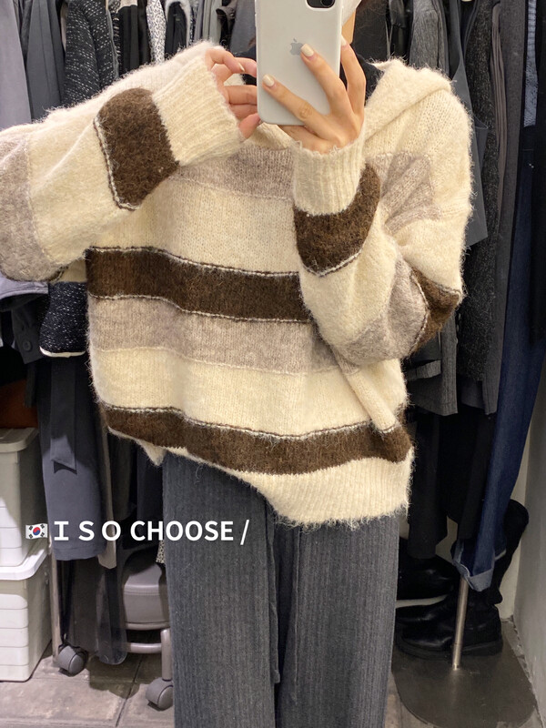 New in autumn! [ISO Korean] Korean striped loose hooded mohair warm sweater 23680# HJY