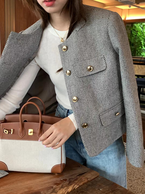 【LOVELY/SHMILY】Korean style round neck single-breasted small fragrance coat short coat S2319