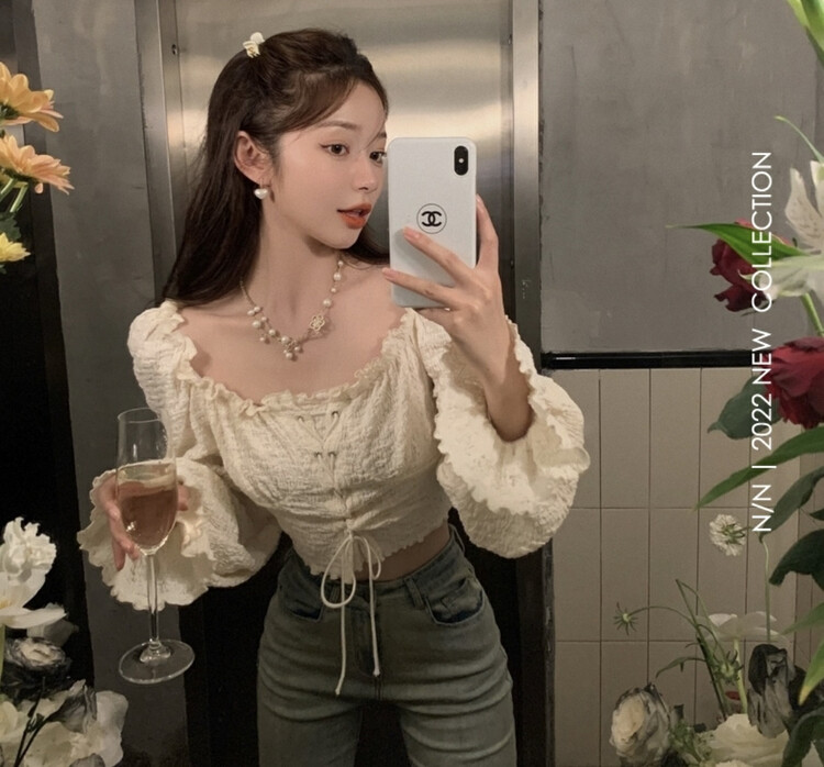Autumn is new! [Amanda] Design sense one-shoulder trumpet sleeves all-match small shirt (with chest rope) 9867# PCZ