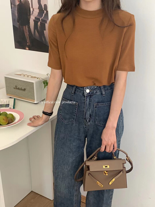 [LOVELY/SHMILY] Basic all-match solid color half turtleneck bottoming shirt short-sleeved T-shirt Z1602