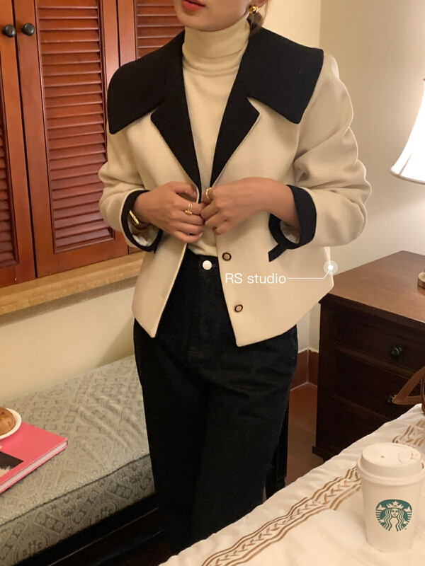 New in autumn! [RS] Xiaoxiangfeng contrast color big lapel textured short coat LL1031# FHX