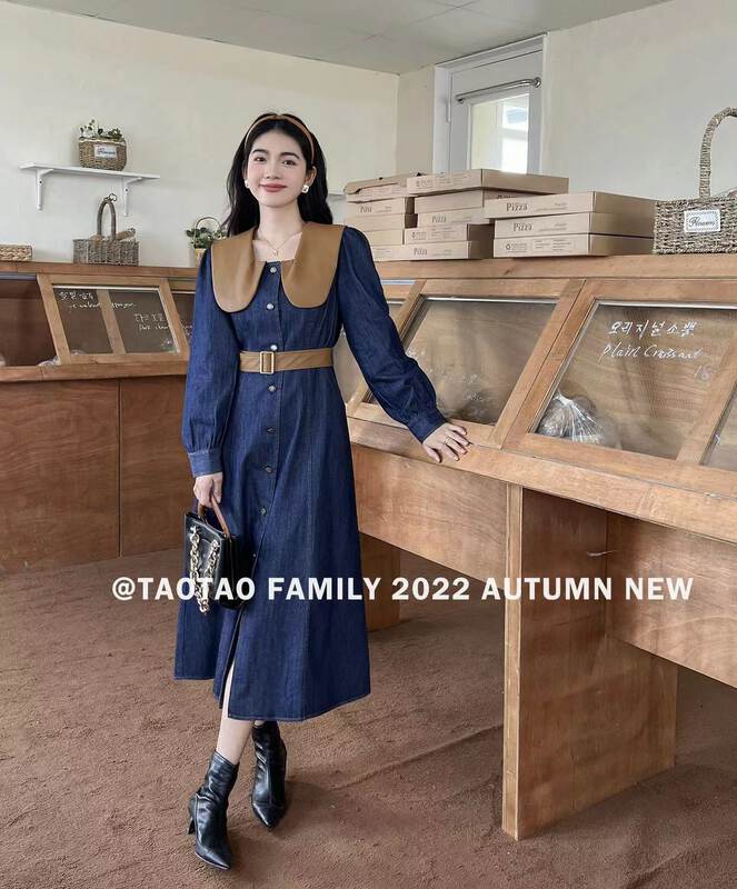 New in early autumn!  【TAOTAO FAMILY】Commuting simple color matching long denim shirt dress (with detachable belt) 3733# XJ