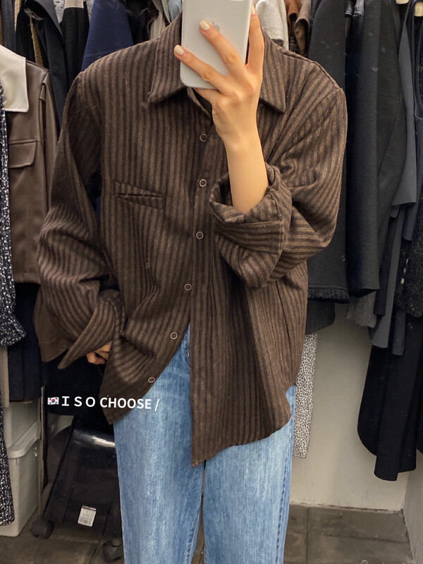 New in autumn! [ISO Korean] lapel striped long-sleeved retro shirt 66596# HJY