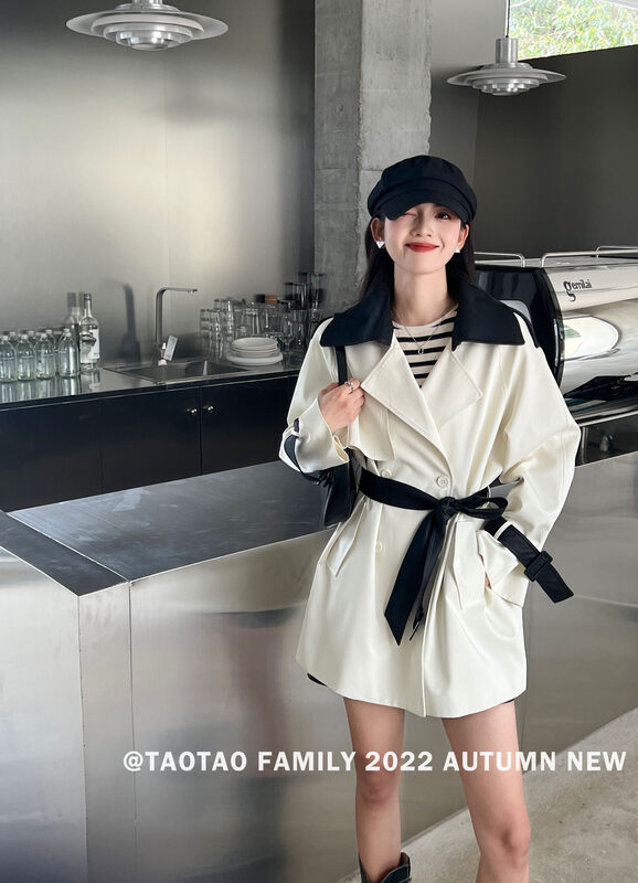 New in early autumn! [TAOTAO FAMILY] Color-blocked commuter double-breasted trench coat (with belt, detachable cuff) 3759# LSL