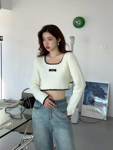 Pure Desire Style Short Clavicle Long Sleeve Knit Sweater Women's Autumn  New Style Thin High Waist Strap Temperament Top