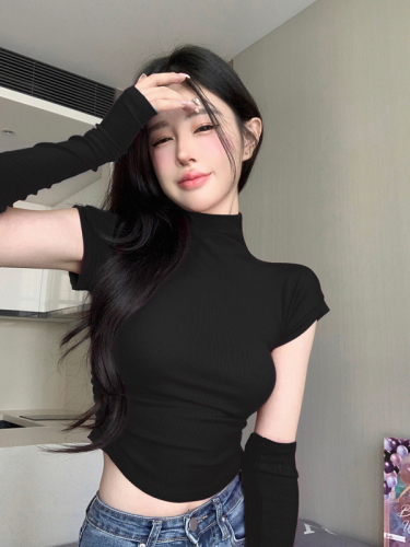 Real shot real price Half turtleneck T-shirt women's short bottoming shirt with sleeves hot girl top