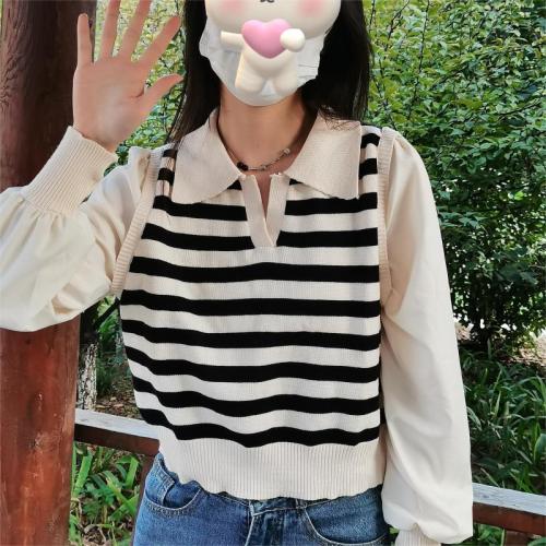 2022 autumn new Korean version striped Polo collar stitching shirt long-sleeved pullover fake two-piece knitted sweater top