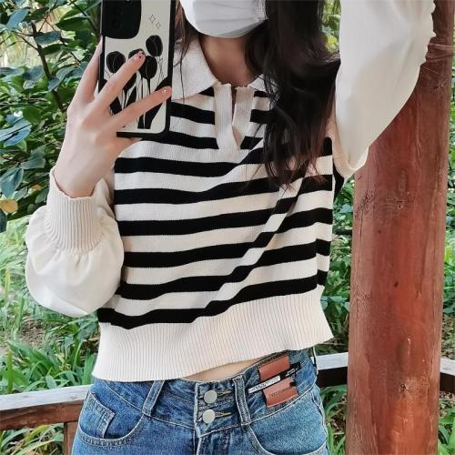 2022 autumn new Korean version striped Polo collar stitching shirt long-sleeved pullover fake two-piece knitted sweater top