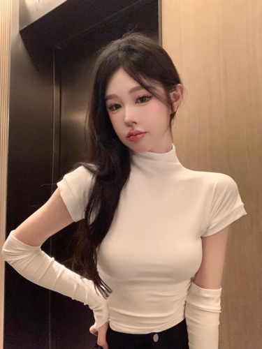 Real shot real price Half turtleneck T-shirt women's short bottoming shirt with sleeves hot girl top