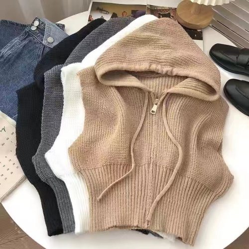 Korean chic niche hooded short drawstring no thong double zipper loose knitted vest vest women's jacket
