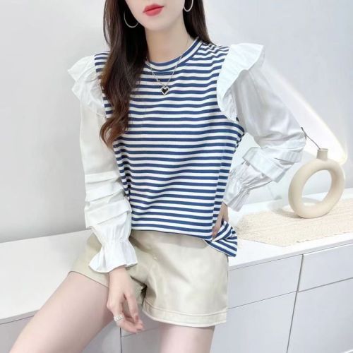 2022 Korean autumn new personality striped stitching long-sleeved shirt design sense niche puff sleeve fake two-piece top