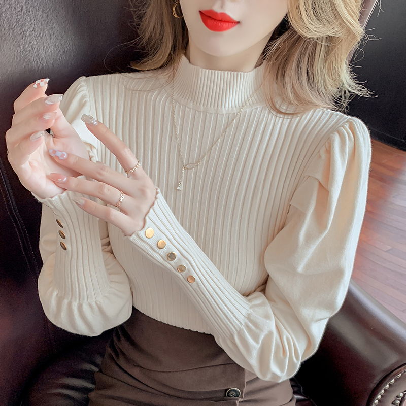 Real shot!  2022 autumn and winter new Korean version pullover solid color lantern sleeve slim bottoming shirt knitted top