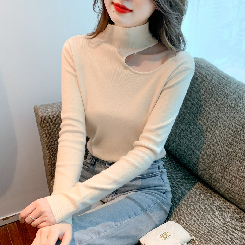 Real shot!  2022 new Korean version of the collarbone feature solid color slim bottoming knitted sweater top