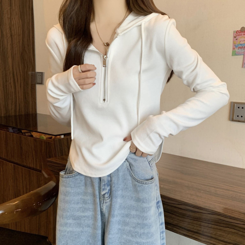 Design sense niche autumn short zipper top is thin and thin long-sleeved hooded sweater Western-style women