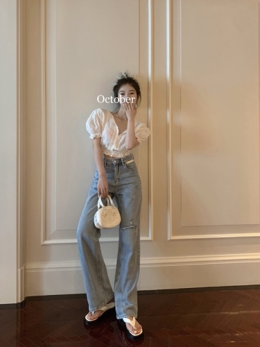 Real Price Real Price Retro Fashion Simple Straight Pants High Waist Craft Wide Leg Washing Water Falling Ripped Jeans
